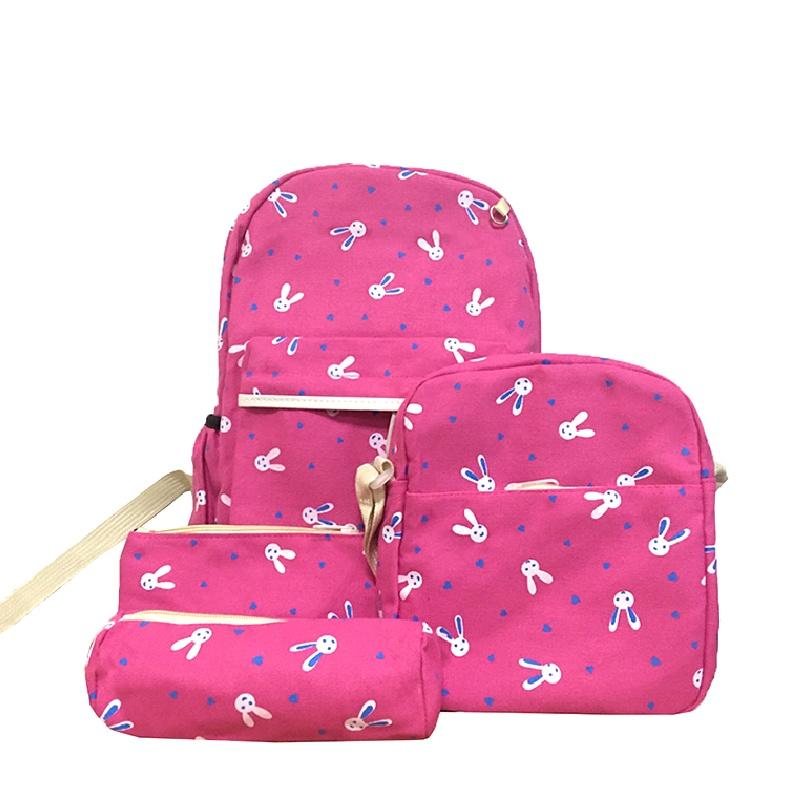 Trendy 4pcs Girls Backpack Set Featuring Durable Canvas Material And Adorable Rabbit Pattern