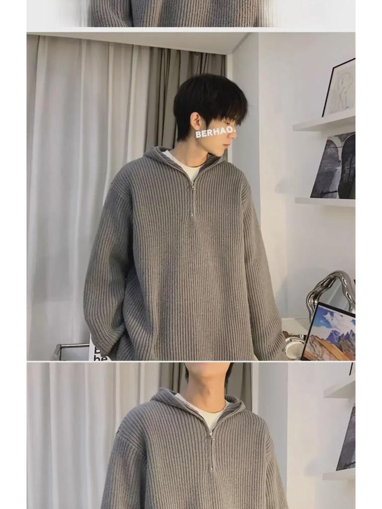 Men's Gray Cleanfit Half-Zip Hooded Sweater - Casual, Cool American Style Knitted Jacket