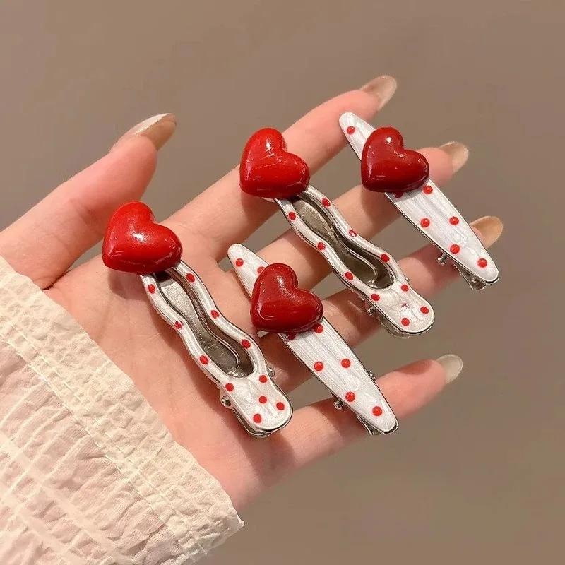 4pc Fashion Vintage Sweet and Cute Red Polka Dot Hair Clip with Side Hairband for Women Girls Hair Accessories Birthday Gift 6cm