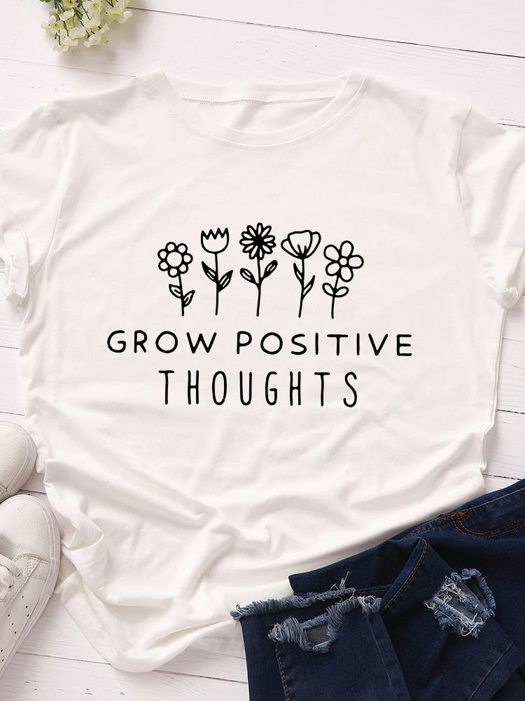 Lass positive Gedanken wachsen Pflanzen Print Damen T-Shirt Kurzarm O-Ausschnitt Locker Damen T-Shirt Damen T-Shirt Oberteile Camisetas Mujer