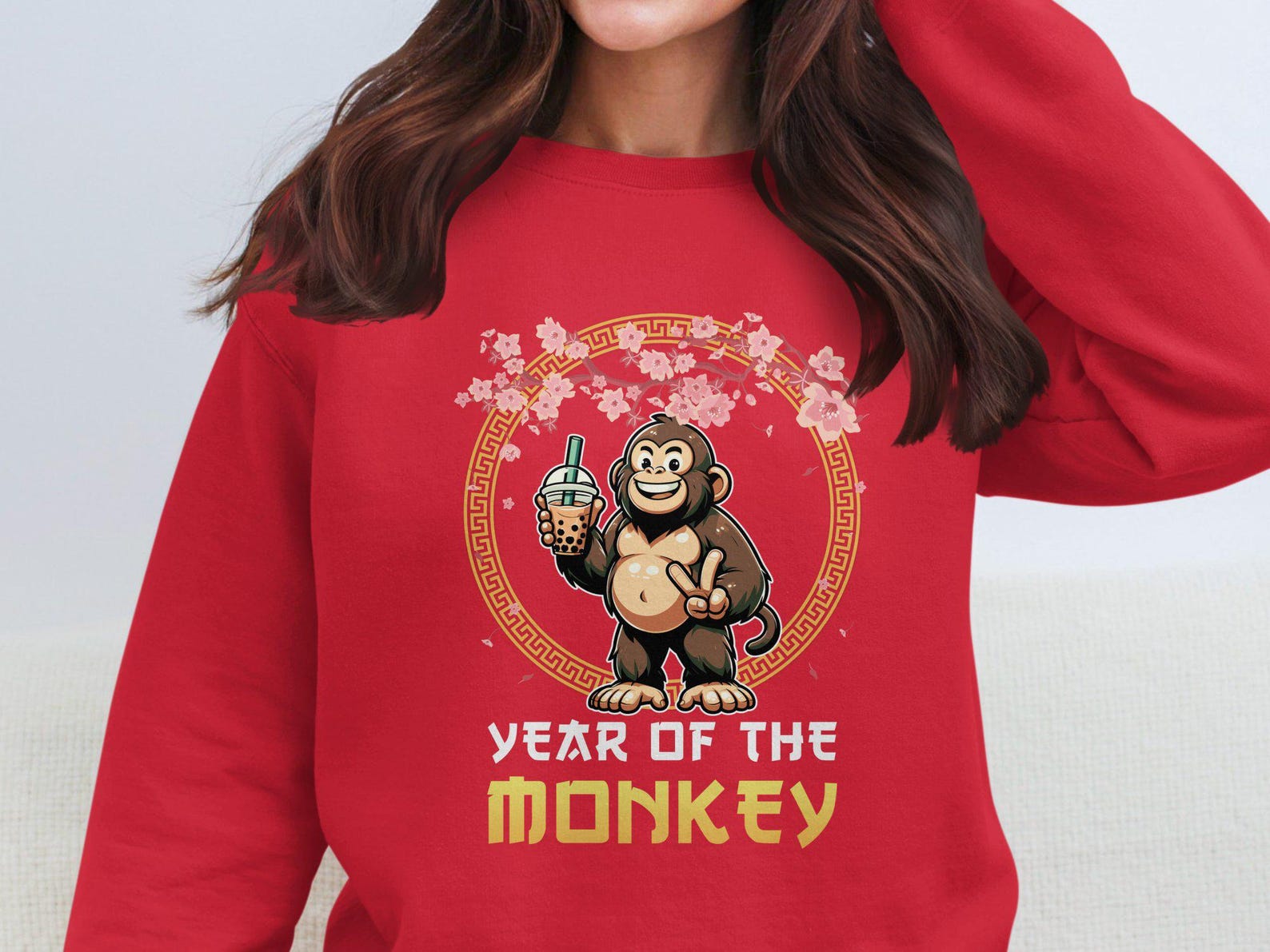 Monkey Chinese New Year T-Shirt, Lunar New Year Monkey Shirt, Cute Monkey with Bubble Tea Top, Chinese Zodiac Monkey Tee 3XL