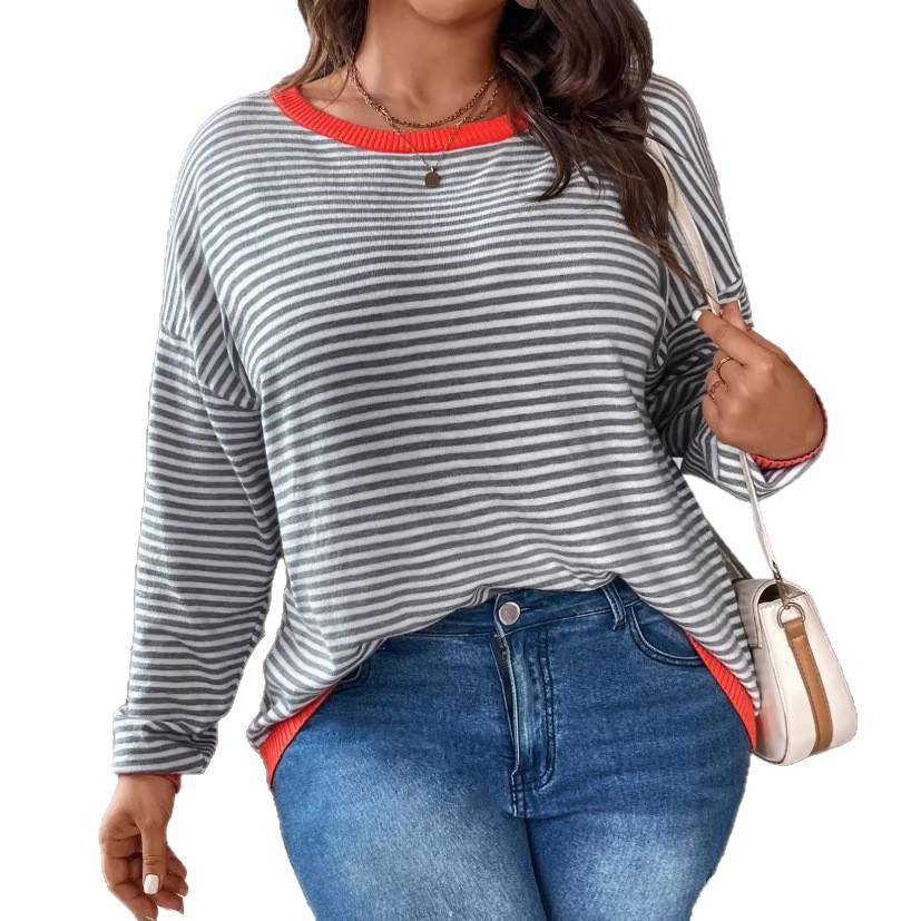 2026 European and American autumn women's striped t-shirt large size top casual sweater