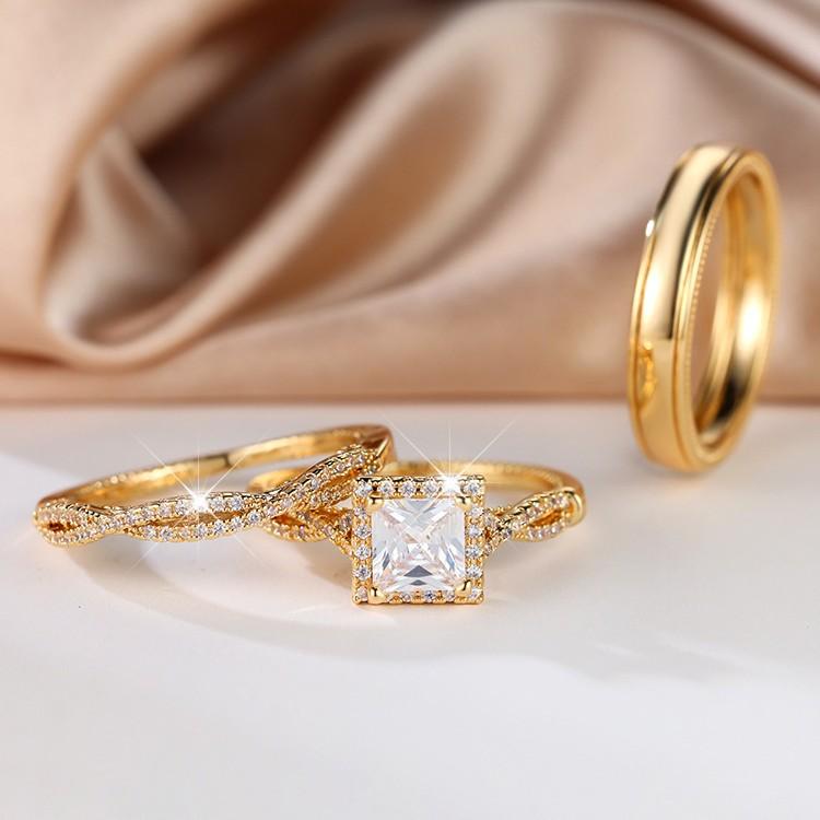 Rose Gold Three Piece Ring Set with Diamonds, Zirconia, Full Diamond, Female Pair Ring, Male Ring