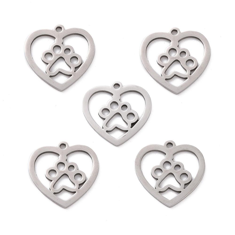 5pcs Non-Tarnish 201 Stainless Steel Pendants Heart with Dog Paw Prints Stainless Steel Color 15x15.5x1mm Hole: 1.2mm