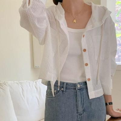 Women's Striped Button Down Shirts Drawstring Hooded Long Sleeve Cardigan Summer Sun Protection