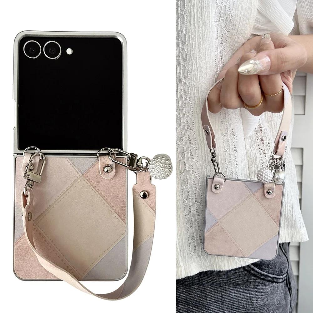 Fusion Business Sle Bla Color Collision Wristband Lanyard Leather Phone Case for Samsung Galaxy Z Flip 7 6 5 4 3 Protect Cover