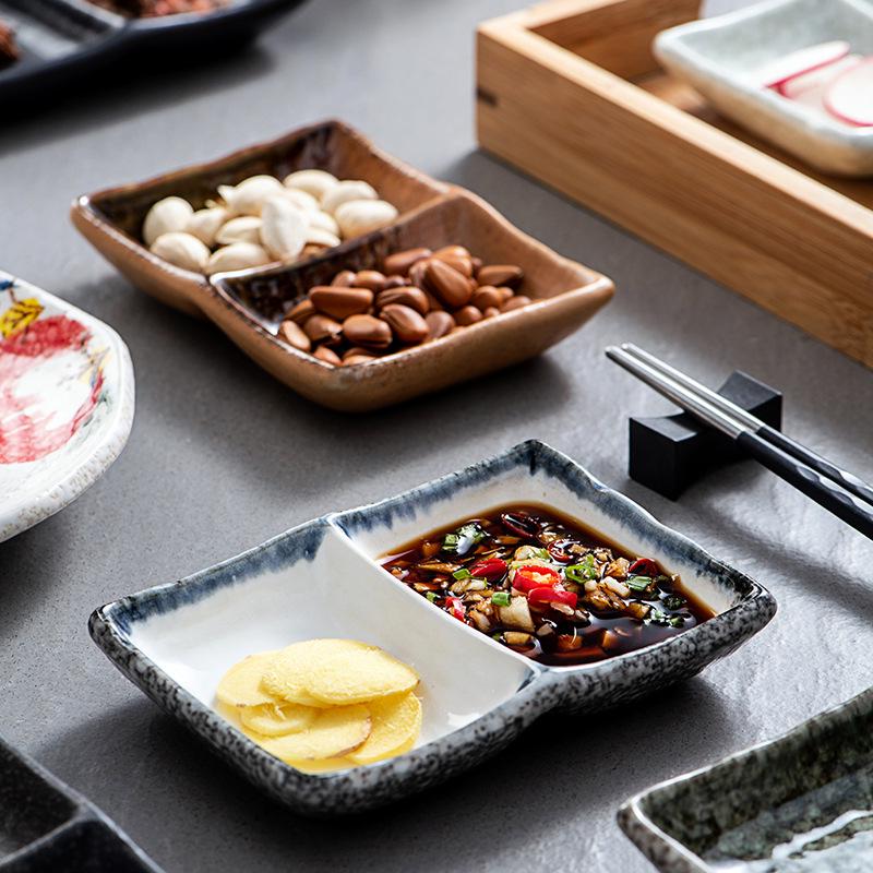 Japanese Ceramic Double-Compartment Dish for Dipping Sauces and Seasonings