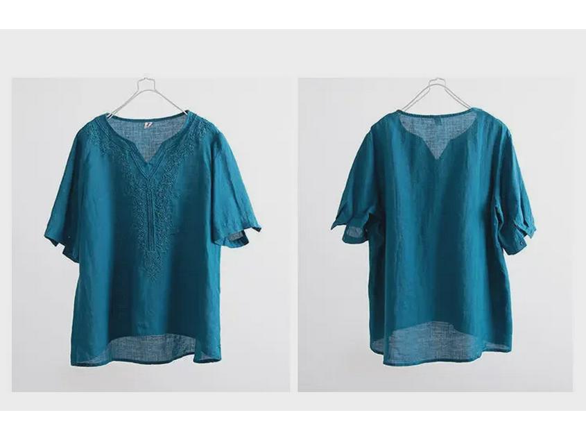 Summer 2024 Women's Solid Color Short-Sleeve Loose Retro V-Neck Cotton Linen Shirt