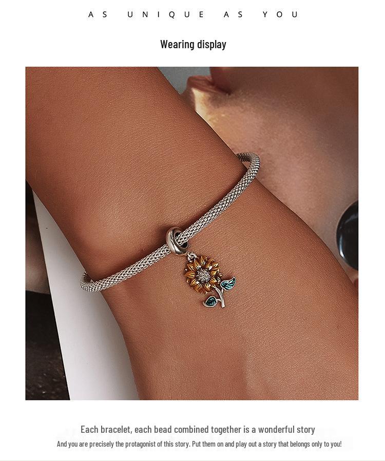 Sunflower S925 Silver Bracelet Pendant, Shining Sunflower DIY Beaded Accessories SCC2079