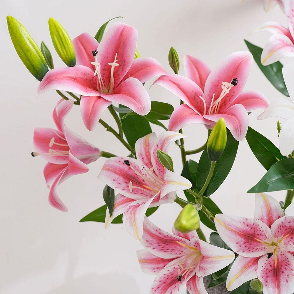 New 80cm Artificial Lily Flower 3 Heads Silk Fake Lily Bouquet DIY 3D Printing Wedding Bridal Bouquet Living Room Decor
