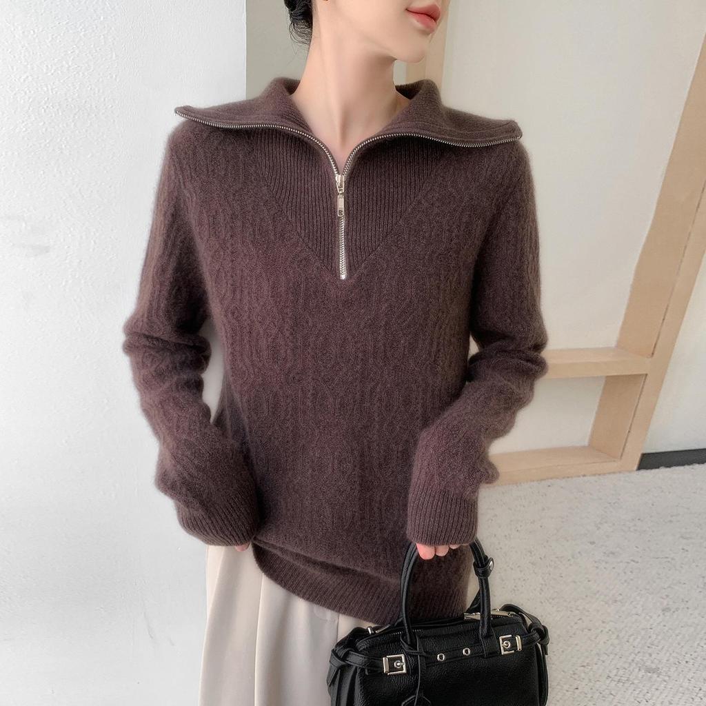 100% Wool Lapel Half-Zip Hollow Out Knitwear, Long Sleeve, Women's Thickened Base Layer for Autumn/Winter 2025