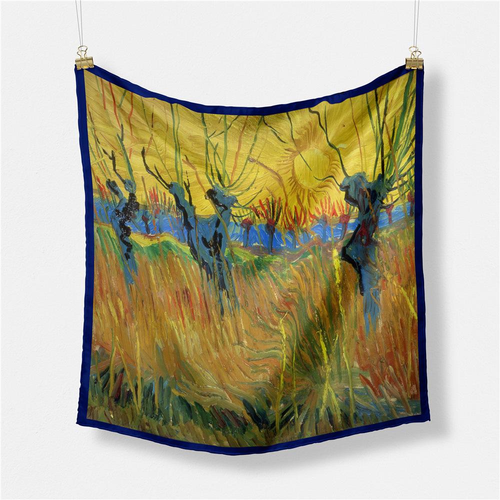 53CM Silk Scarf Woman Sunset Willow Design Square Scarves Wraps Bandana Small Hijab Foulards Tie Headband Neckerchief