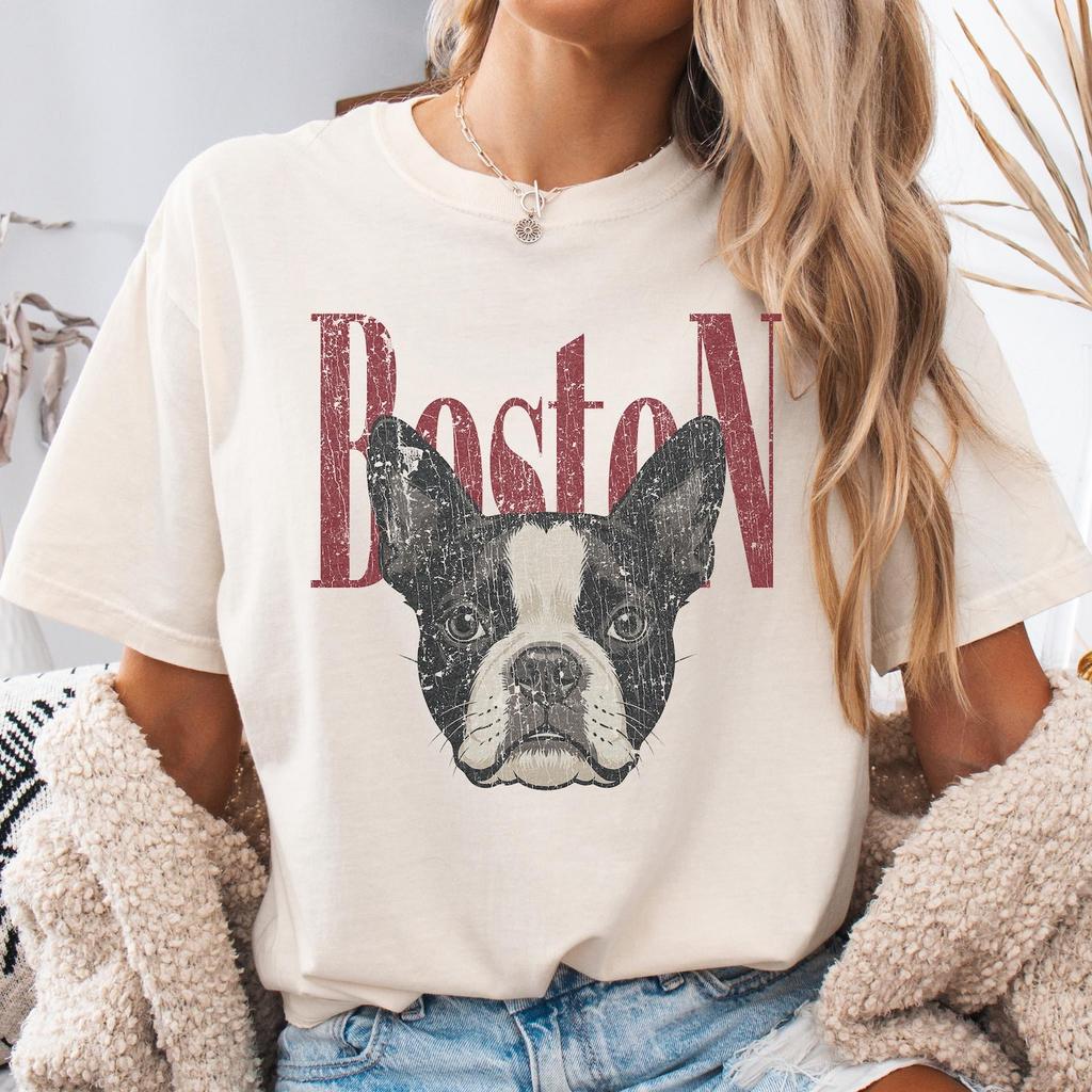 Vintage Boston Terrier Dog Shirt, Retro Distressed Graphic Tee, Comfort Colors Ivory