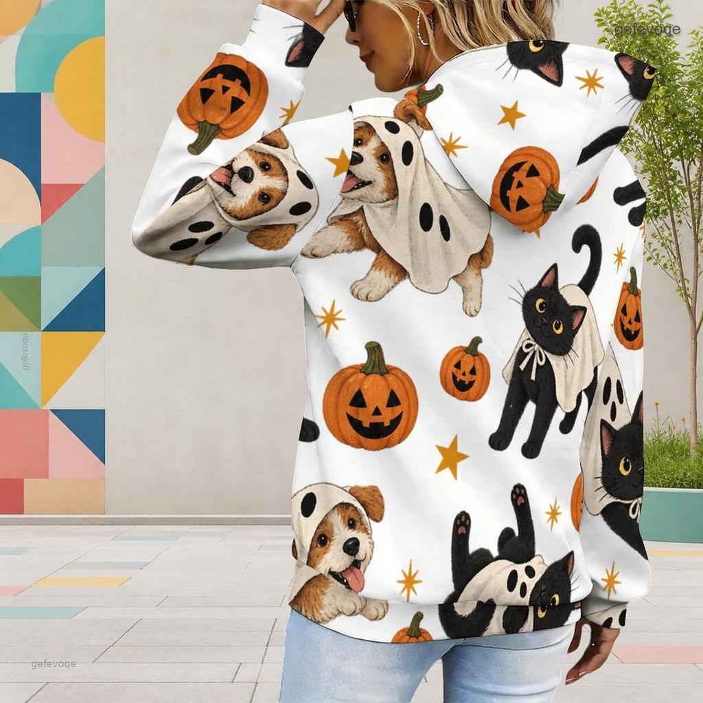 Women Plus Size Long Sleeve Drawstring Hoodie Cute Cartoon Bat Print White Kangaroo Pocket Pullover