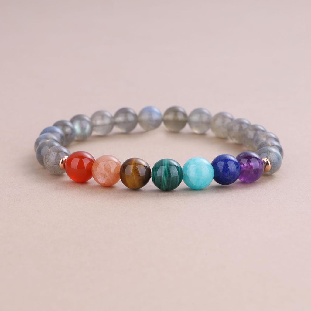 Koai 8mm Labradorite Chakra Power Stone Bracelet for Men Seven-Color