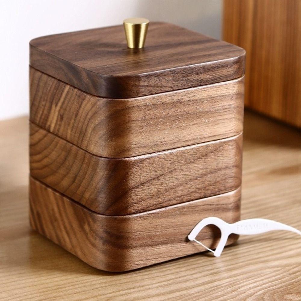 Storage Box Portable Desktop Toothpick Box with Cover Walnut Wood Cotton Swab Jar Reusable Vintage Dental Floss Box Home