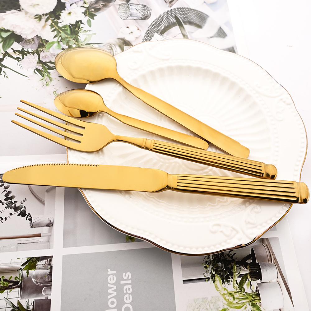 5Pcs Roman Handle Stainless Steel Cutlery Set Wedding Tableware Gold Knife Fork Spoon Modern Kitchen Utensils Full Dishes Sets