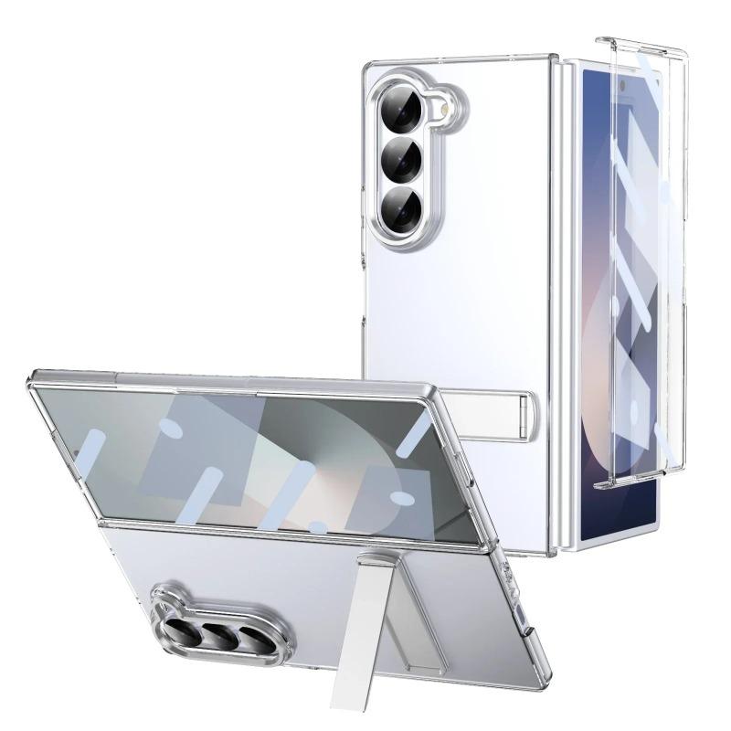Luxury High Definition Transparent Phone Case for Samsung Galaxy Z Fold 7 6 5 4 Metal Holder Stand Screen Protector Shockproof Back Protect Cover