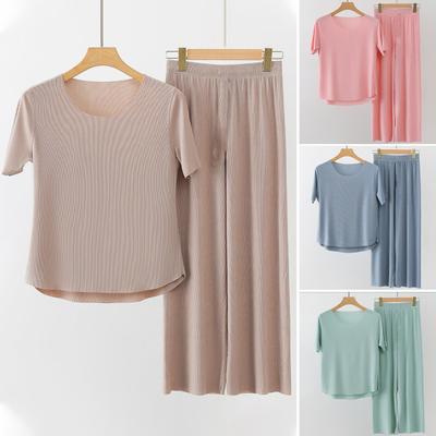 2Pcs/Set Women Pajamas Seamless Ice Silk Round Neck Short Sleeve Solid Color Elastic Waist Wide Leg Loose Soft Breathable Homewear Top Pants Set