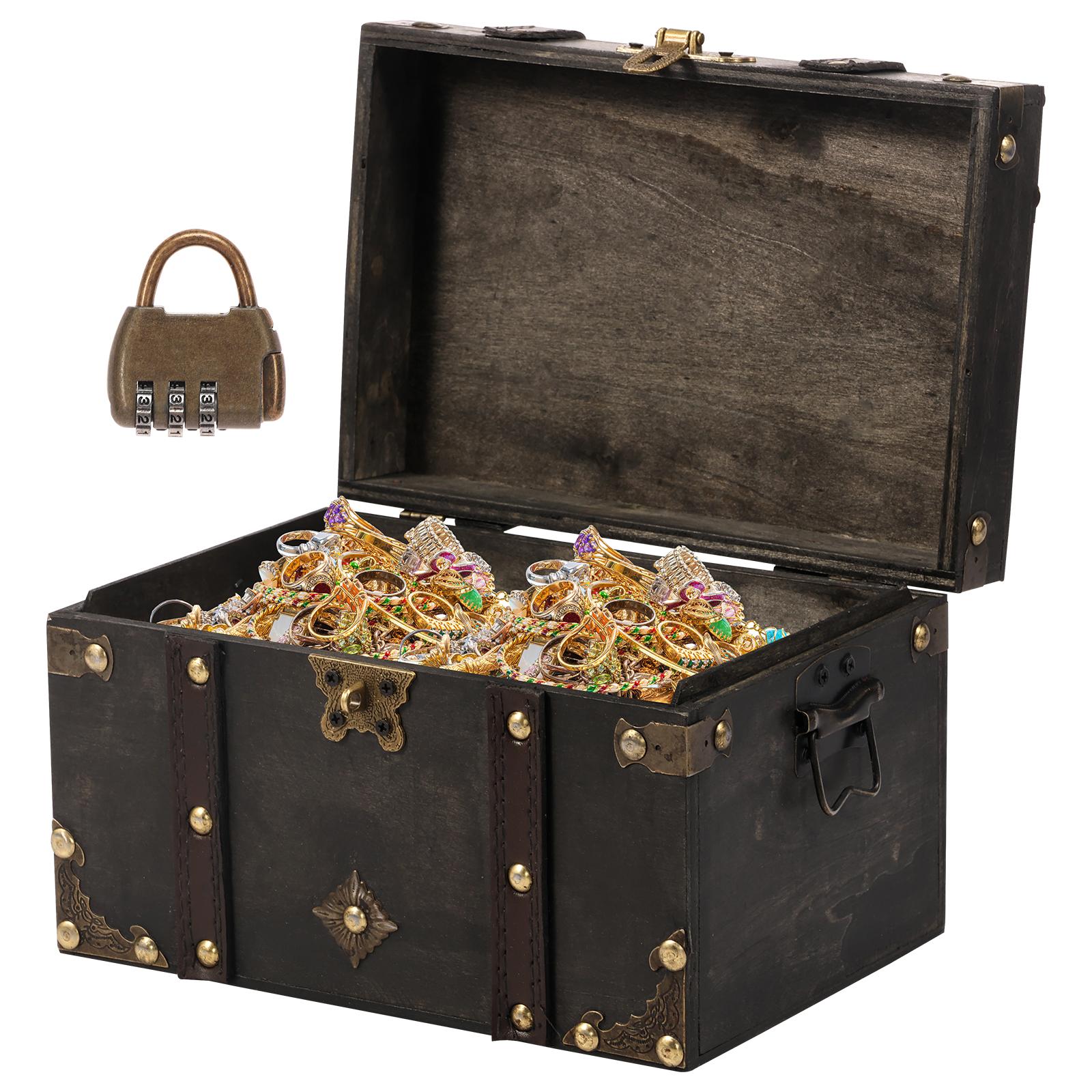 Baule del Tesoro Vintage Scatola Ricordo Pirata per Regalo Contenitore Decorativo Grigio in Legno con Serratura per Gioielli Oggetti Piccoli grigio