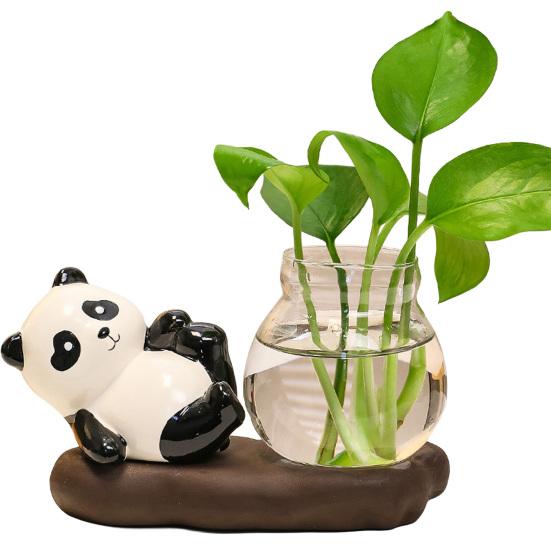 Desktop Glass Planter Vase Holder Small Cute Ceramic Panda Hydroponic Vase Decorative Flowers Plants Pot for Desk Table