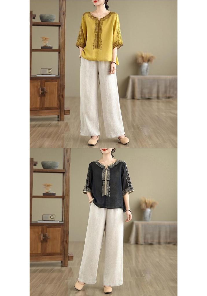Elegant Chiffon Top: Popular Chinese Style Mid-Aged Women's Five-Point Sleeve Printed T-Shirt