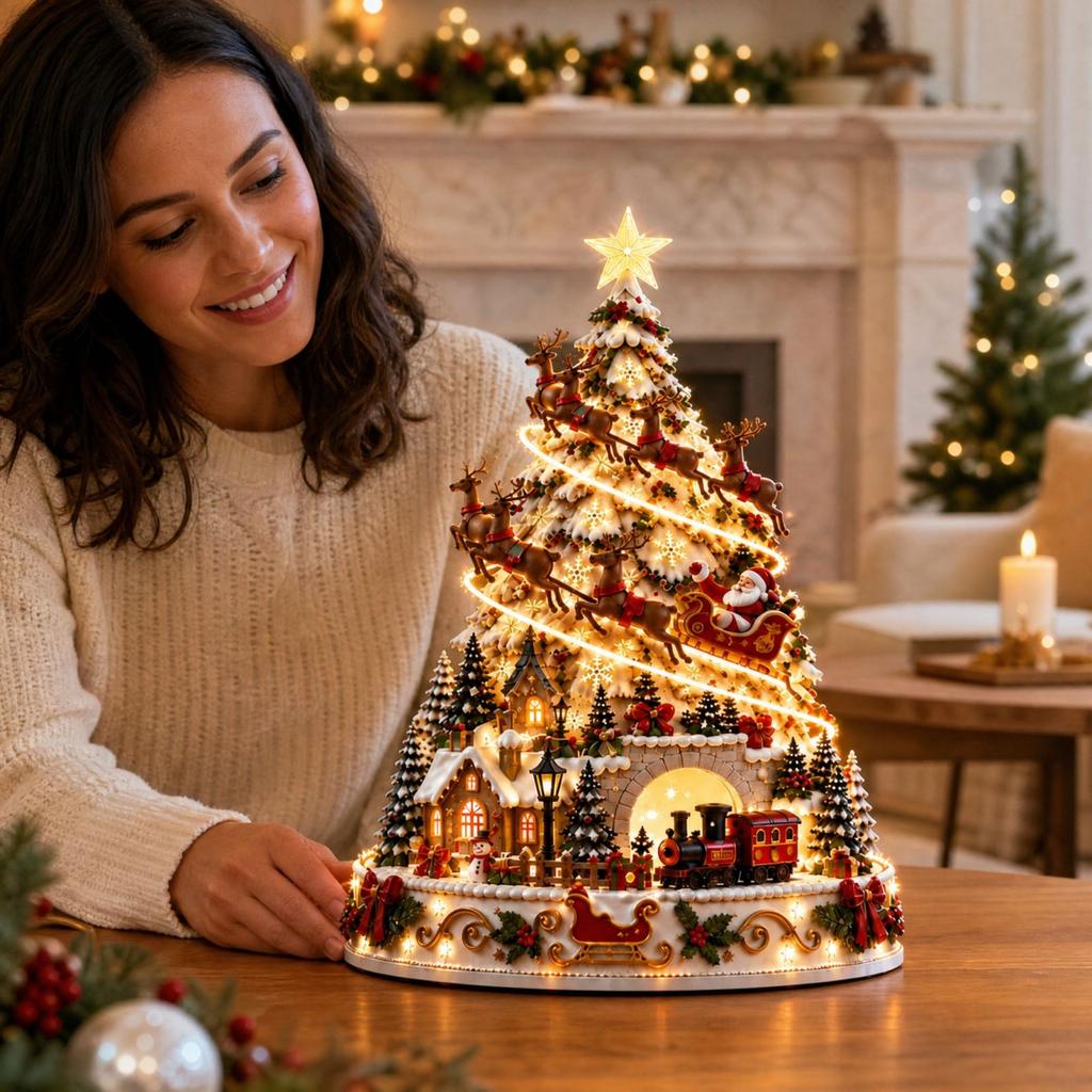 Christmas Village Scene Tree Figurine for Holiday Tabletop Display and Home Decoration