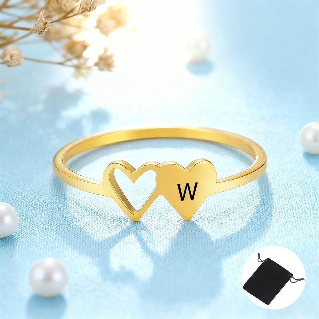 Customized Name Initial Double Heart Ring Stainless Steel A-Z Letter Couple Ring Simple Fashion Constellation Ring Couple Gift