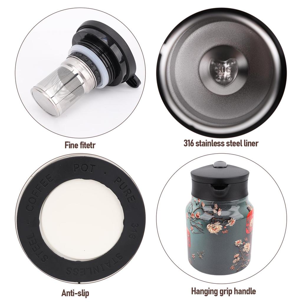 Vintage Teekanne 1000ml 316 Edelstahl Thermische Heißkaffeekanne Isolierte Teekanne mit Deckel für Zuhause Küche Büro