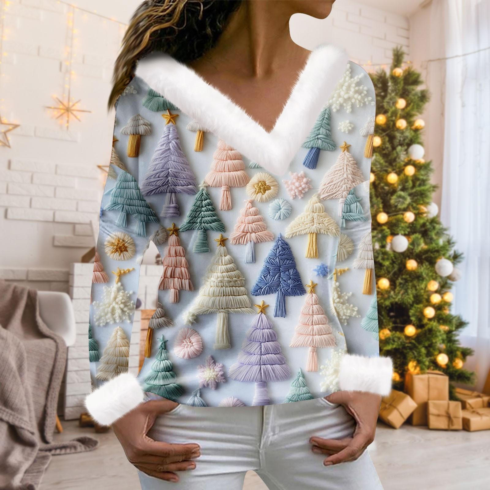 

Женская мода с длинным рукавом и рождественским принтом для вечеринок, плюшевый повседневный топ с V-образным вырезом XXXL