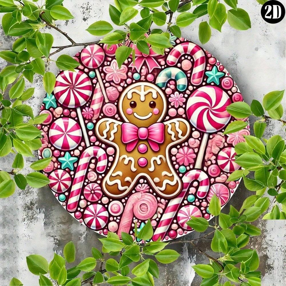Vintage Gingerbread Girl Round Metal Wall Art Pink Christmas Decor Kitchen Home Sign
