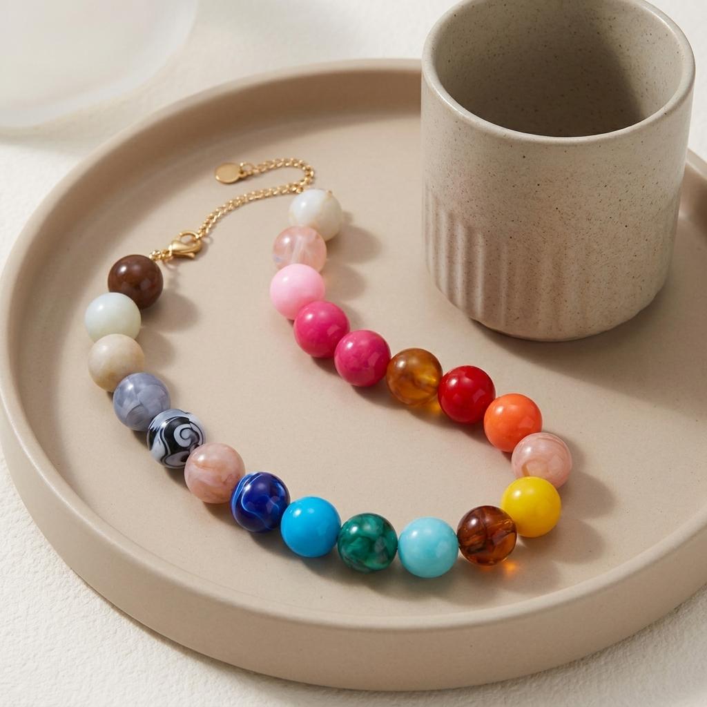 Exaggerated Colorful Chunky Beads Necklaces for Women Men Handmade Round Resin Beaded Chain Choker Statement Charms Jewelry