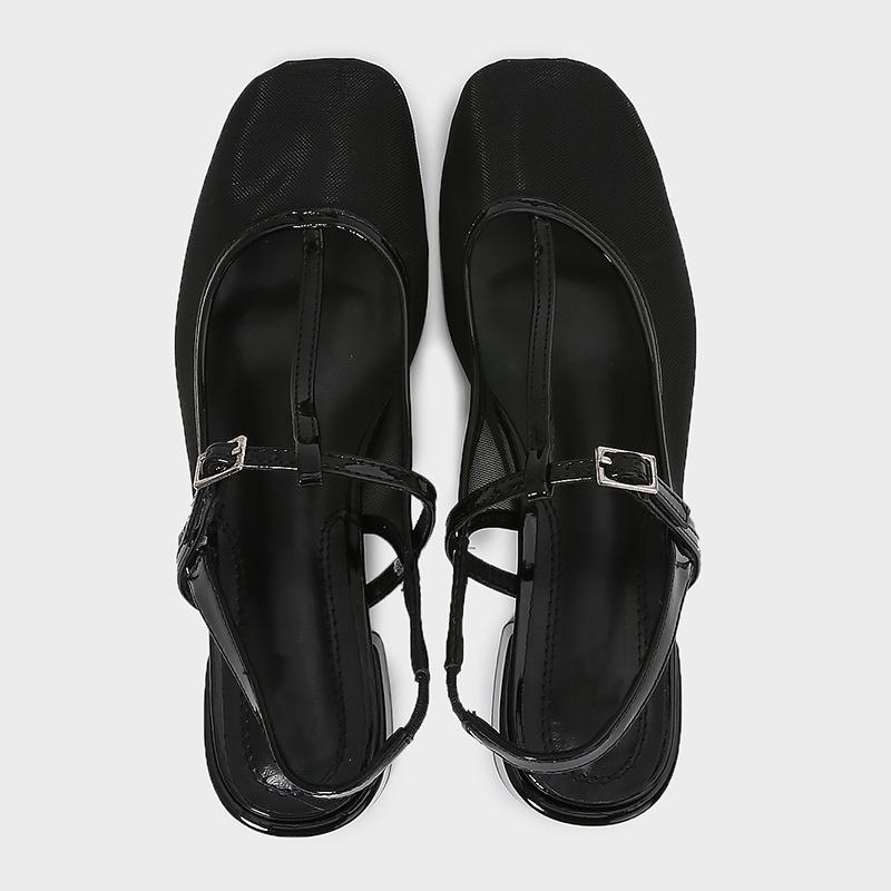 Fashion Cozy Mesh Square Toe Heel Sandals Women Fashion T Strap Buckle Brand Designer Shoes Elegant Slingback Thick Bottom Casual Shoes