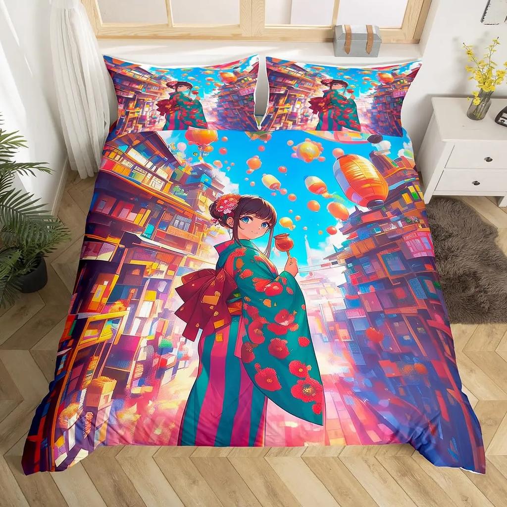 Japanese Building Duvet Cover Sets for Teens Queen Size Quilt Covers Lightweight Down 2 Pillowcases 1 Duvet Cover No Comforter
