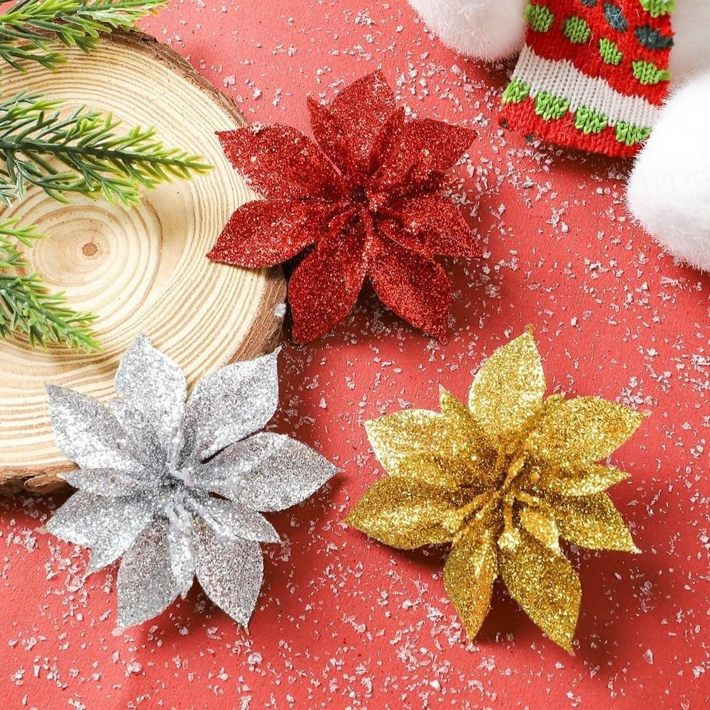 10Pcs Golden Gold Powder Artificial Poinsettia Flowers Multi-Color 7.5cm 10cm Glitter Flower Christmas Tree Decor DIY
