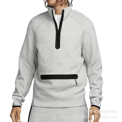 Moletom Masculino de Algodão com Zíper Meio e Manga Raglã Bordada Sweatshirt Esportiva Corrida Academia Treino