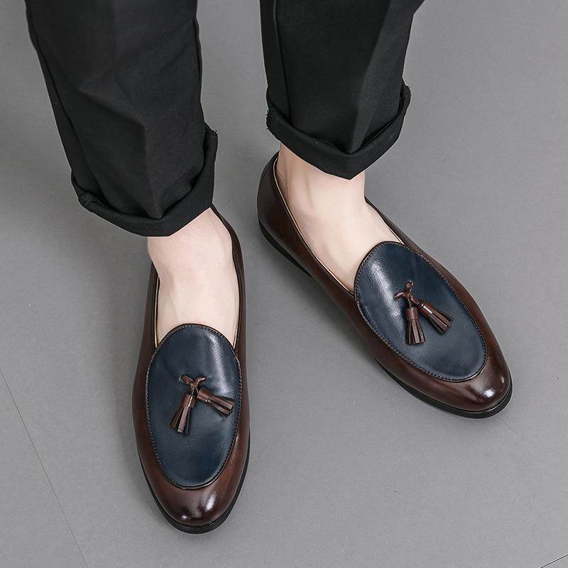 Fashion Men Business Dress Shoes Black Blue European and American Fashion Flow Su Le Fu Shoes British Social Shoes Size 38-46 Men Shoes