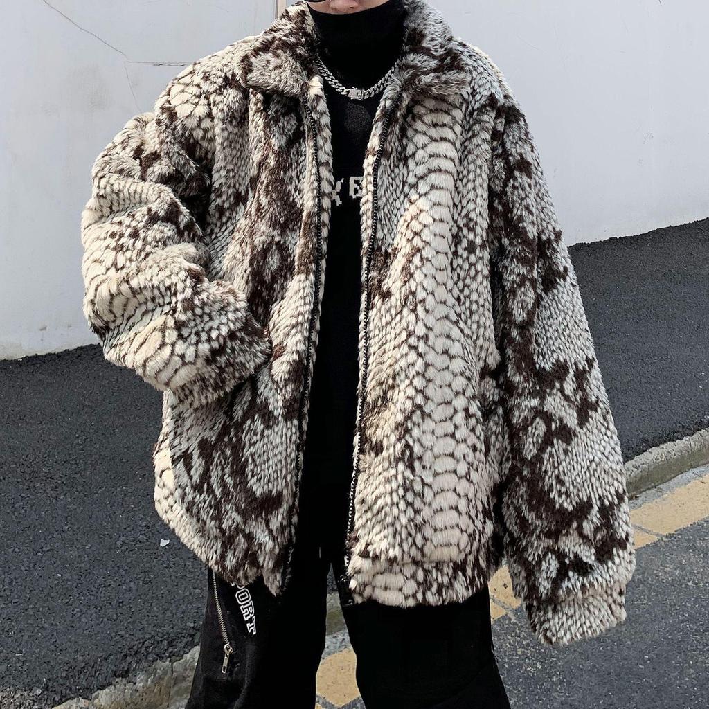 Men's Snake Skin Pattern Faux Fur Padded Jacket - Trendy Casual Outerwear