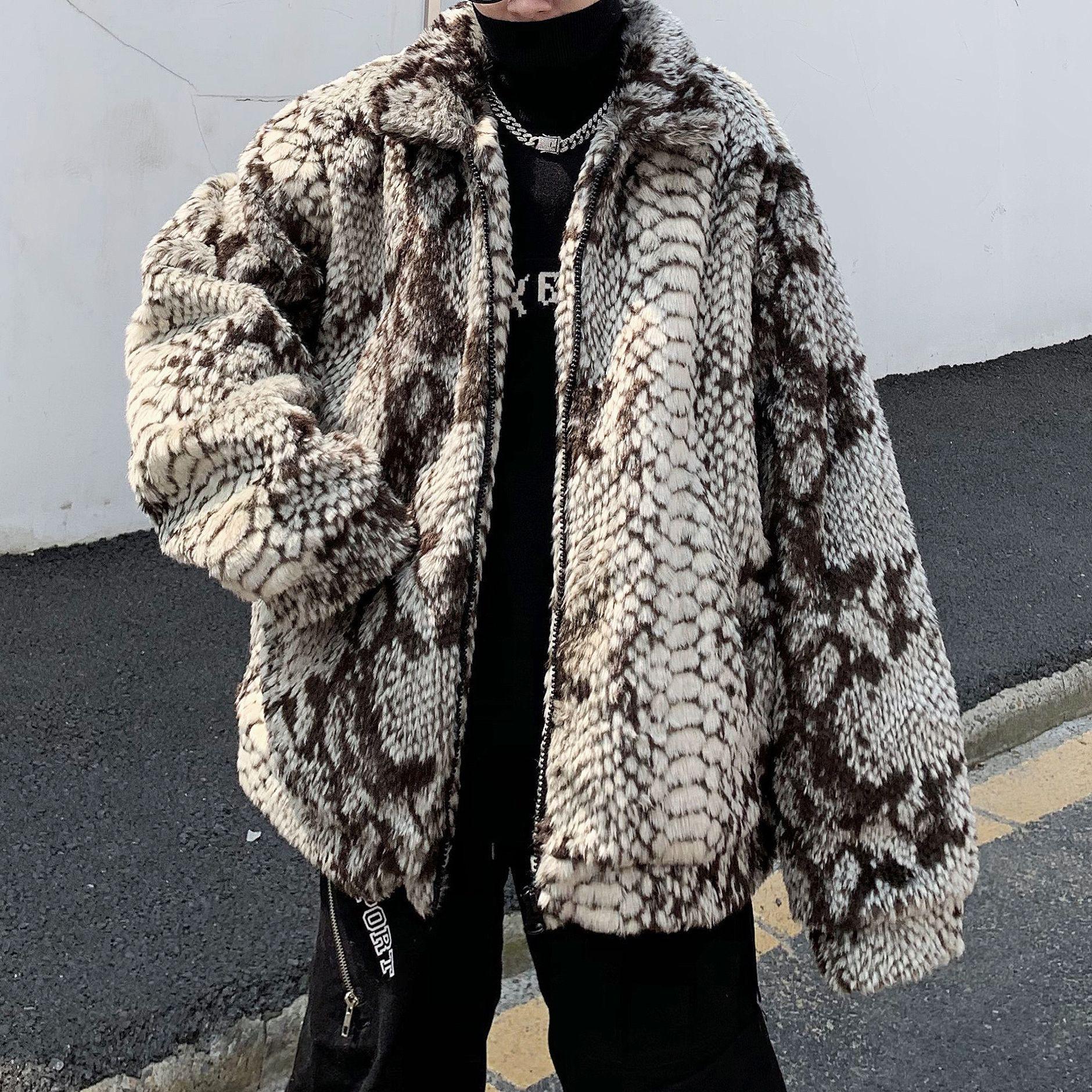 

Men s Snake Skin Pattern Faux Fur Padded Jacket - Trendy Casual Outerwear Large