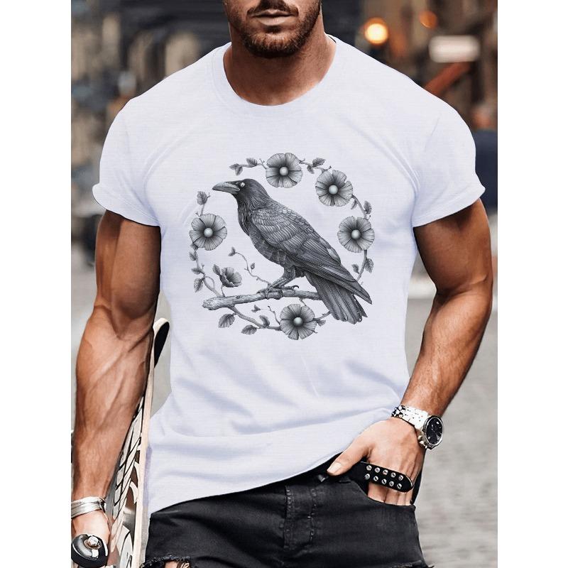 European Size Branch Detailed Crow Illustration Print Tee Shirt, Tees for Men, Casual Short Sleeve T-Shirt for Summer