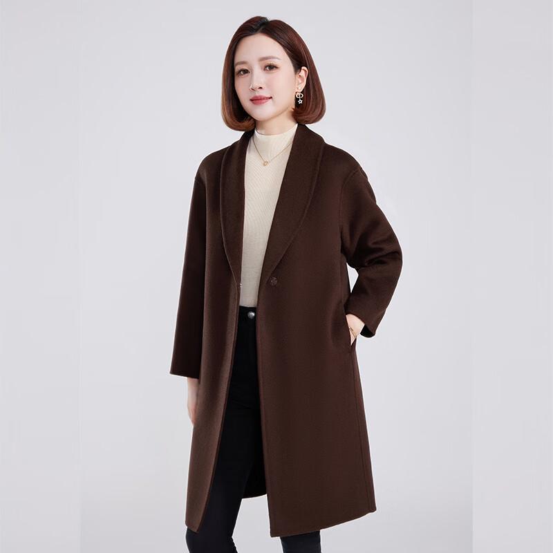 Fengxun Women's 100% Wool Double-Faced Scarf Collar Long Coat