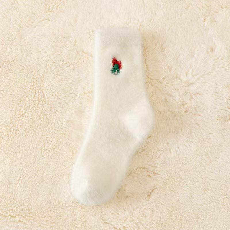 Autumn And Winter Socks, White Mink Fur Christmas Socks, Snowman Santa Claus Christmas Tree Elements, Thickened Warm Socks