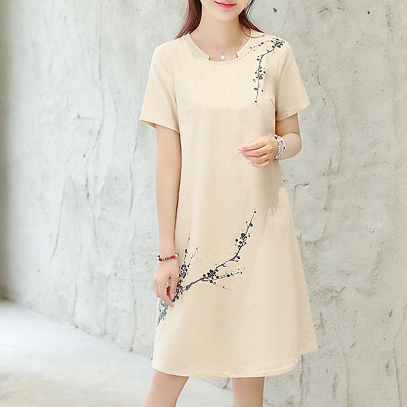 

Модное женское летнее платье с коротким рукавом и принтом длиной до колена L бежевый