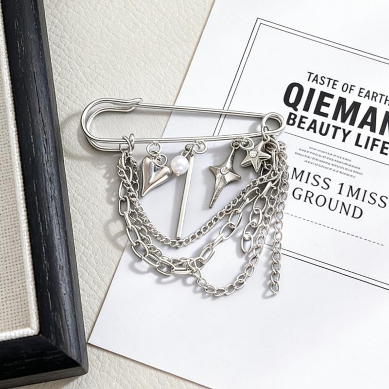 Fashion Heart Star Tassel Chain Brooch Simple Metal Pearl Multi-Layer Chain Brooches Charm Jewelry Decoration Accessories