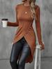 Women's Crew Neck Long Sleeve Tight Long Tunic Top Slim Fit Wrap Front High Slit Long Blouse