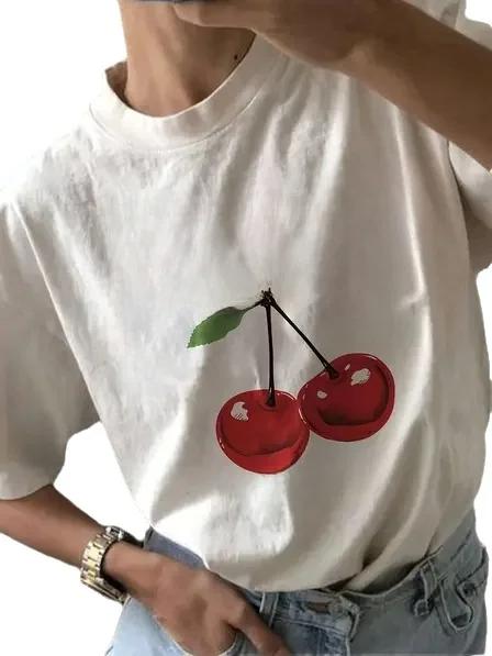 

Womens Tshirt Summer Breathable Short Sleeved Cherry Pattern Printed Tshirt Fruit Harajuku Cherries Fashion Aesthetic Clothes 4XL
