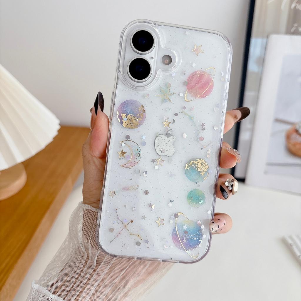 Transparent Glitter Gradient Planet Star Case For iPhone 17 Air 16 15 14 13 12 11 Pro Max Plus Shockproof Shiny Moon Clear Cover