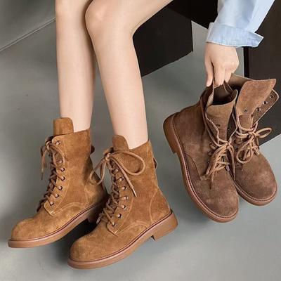Khaki Short Boots Women's Frosted Martin Boots Women's New Flat-bottomed Thick-soled Autumn and Winter Boots Women's