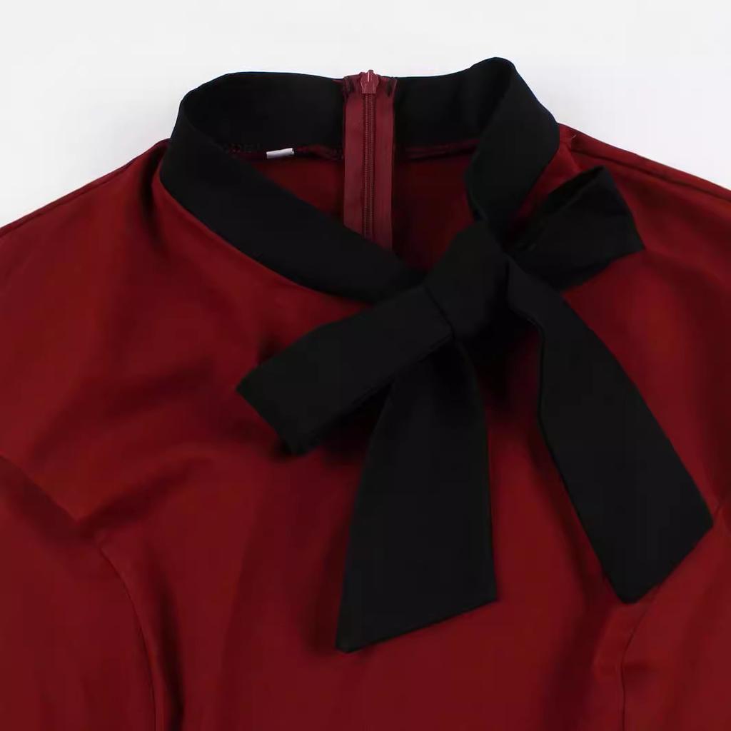 GMXIA Vintage Women's Bow Tie Tie Matching Wine Red Cotton Swing Mid-length Dress