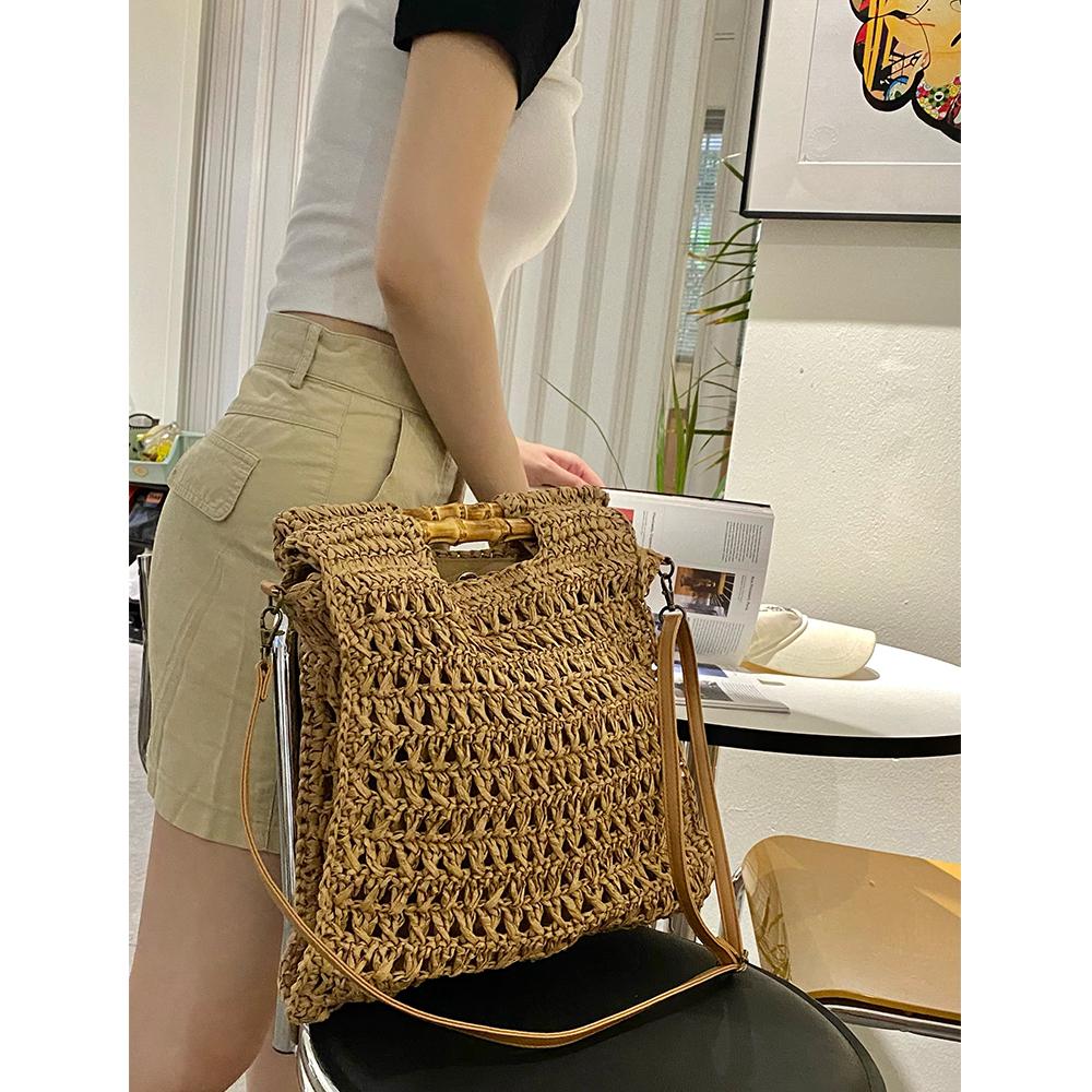 Bambusgriff Stroh Handtasche Handgefertigt Gewebte Strandtaschen für Damen Papierseil Stricken Rattan Tasche Quadratische Schultertasche Umhängetasche